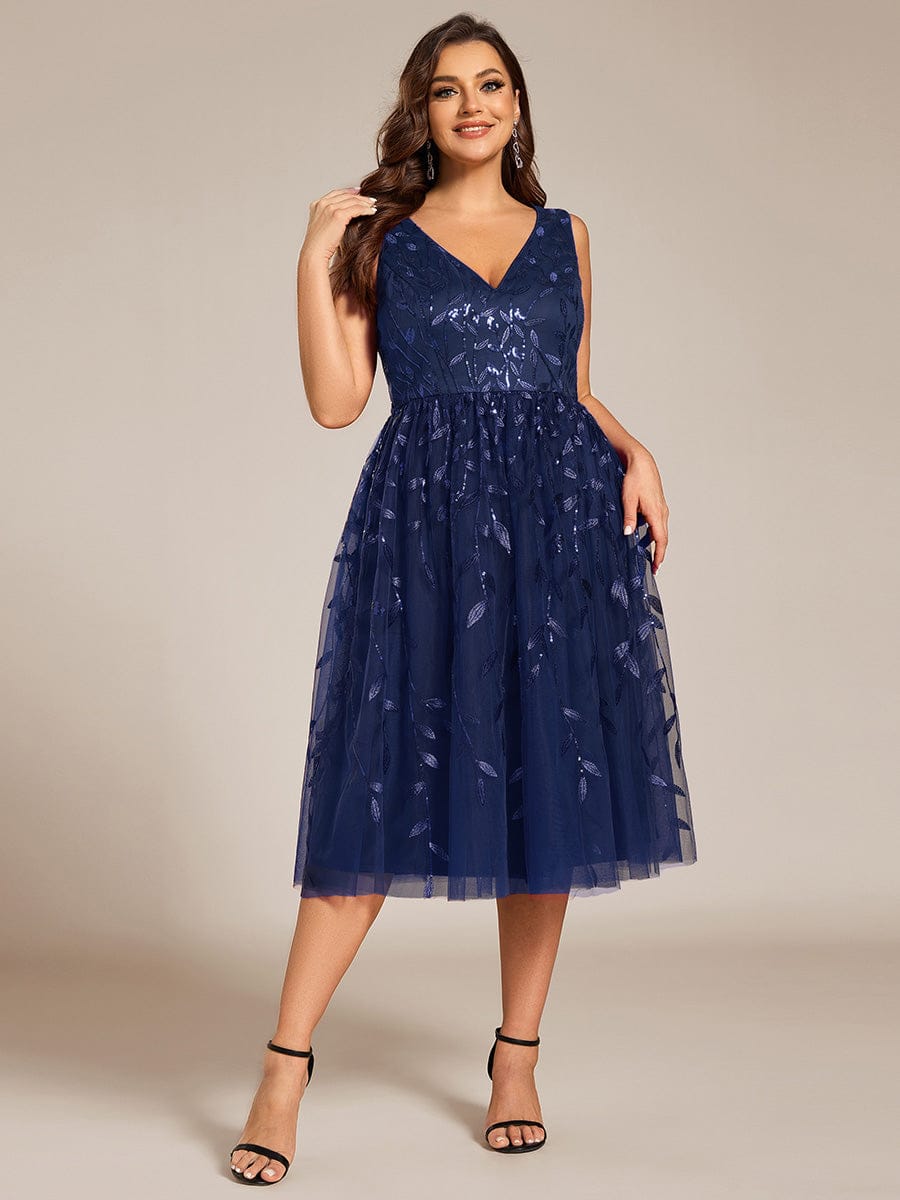 Sequined V-Neck A-Line Midi Wedding Guest Dress with Sleeveless #color_Navy Blue