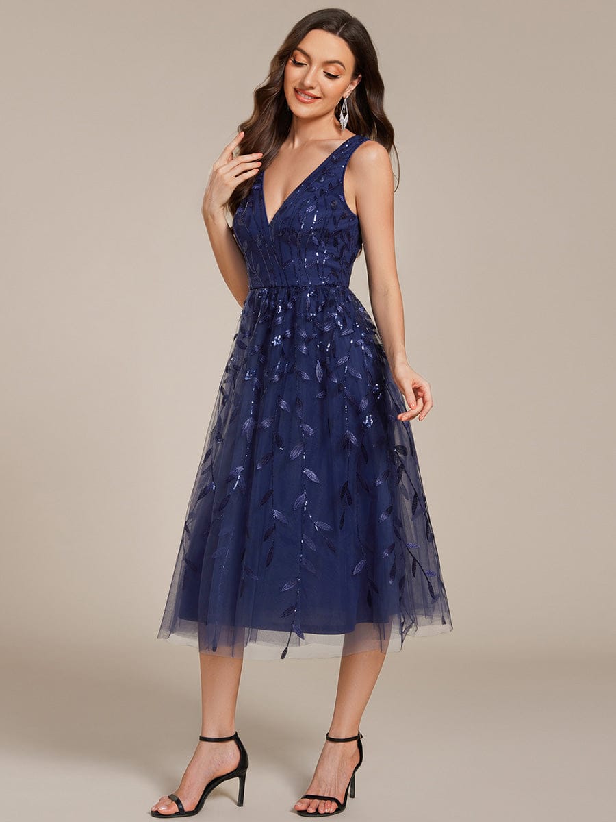 Sequined V-Neck A-Line Midi Wedding Guest Dress with Sleeveless #color_Navy Blue