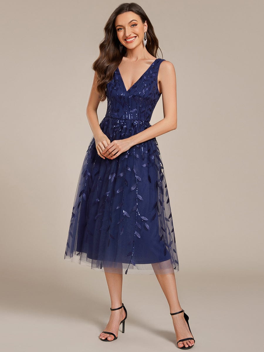 Sequined V-Neck A-Line Midi Wedding Guest Dress with Sleeveless #color_Navy Blue