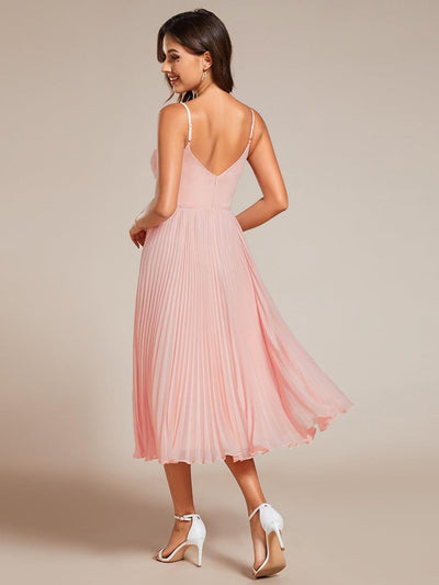 Midi Chiffon Stacked Pleating Backless Wedding Guest Dress with V-Neck #color_Pink