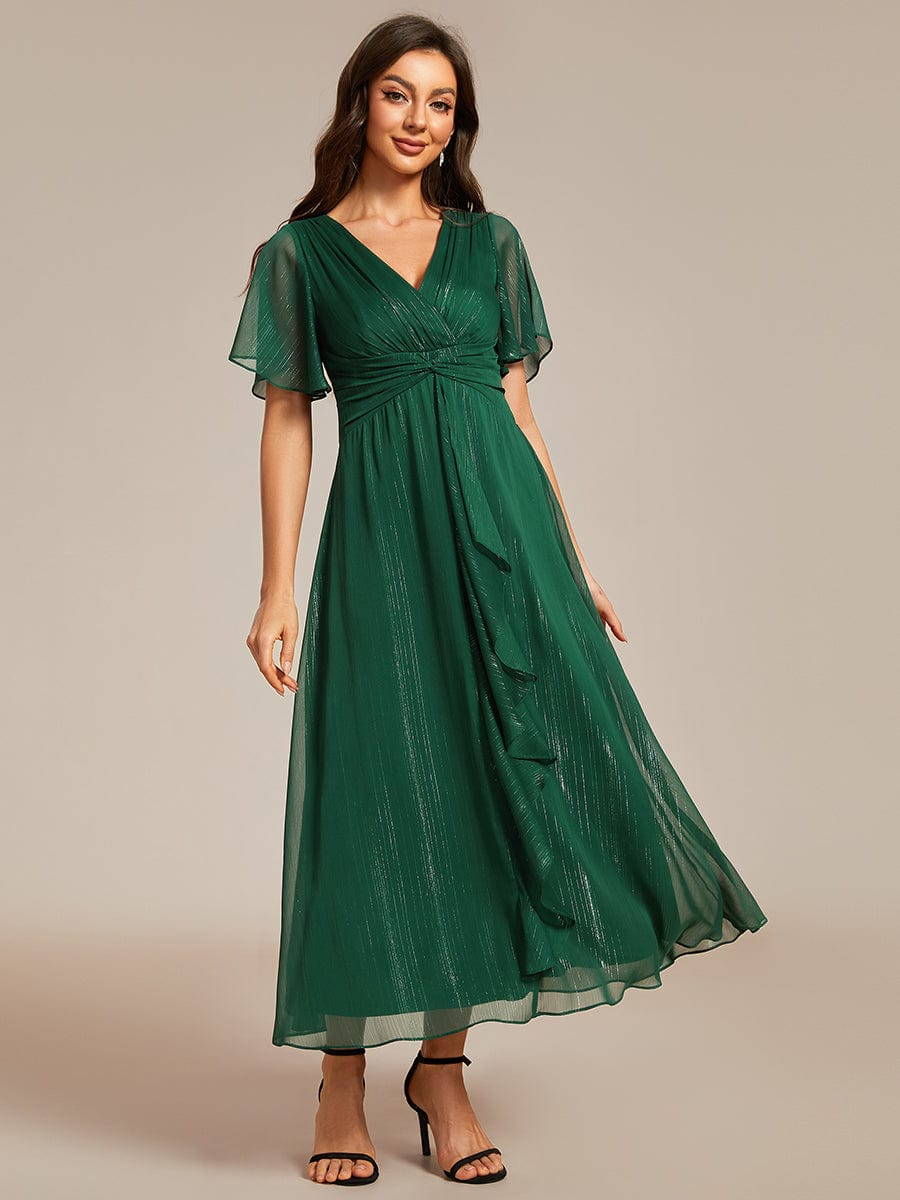 Metallic Silver Fabric Short-Sleeved V-Neck A-Line Dress with Ruffled Hem #color_Dark Green