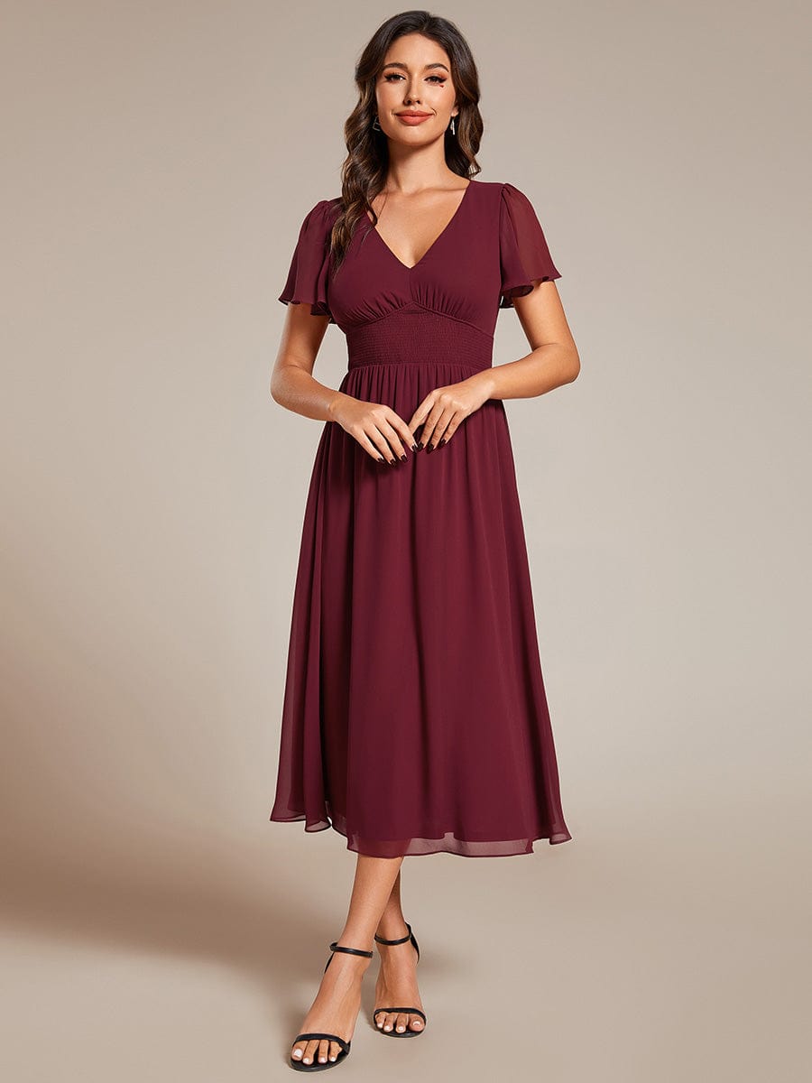 Midi V-Neck Empire Waist Ruffle Sleeves Wedding Guest Dress #color_Burgundy