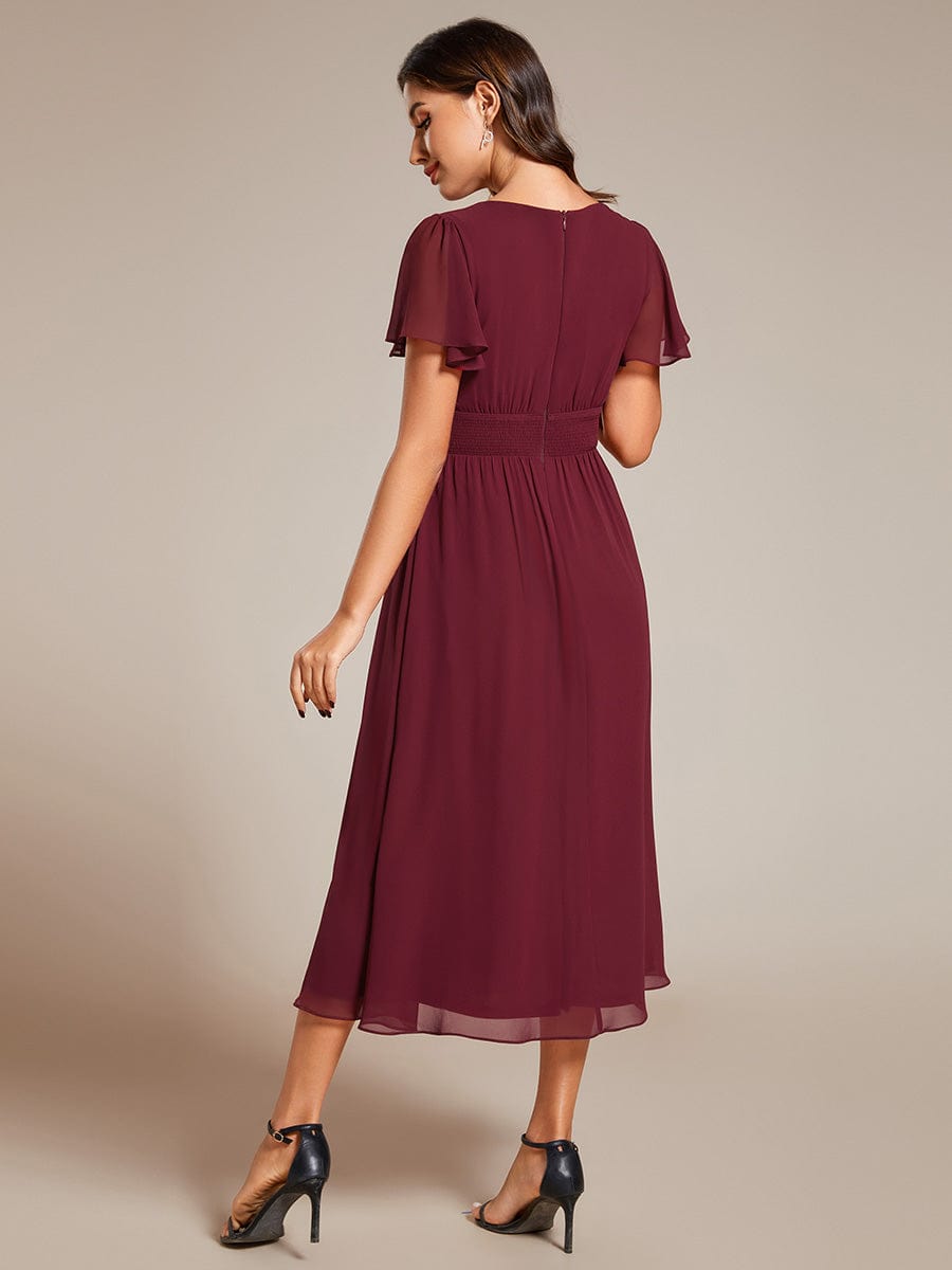 Midi V-Neck Empire Waist Ruffle Sleeves Wedding Guest Dress #color_Burgundy