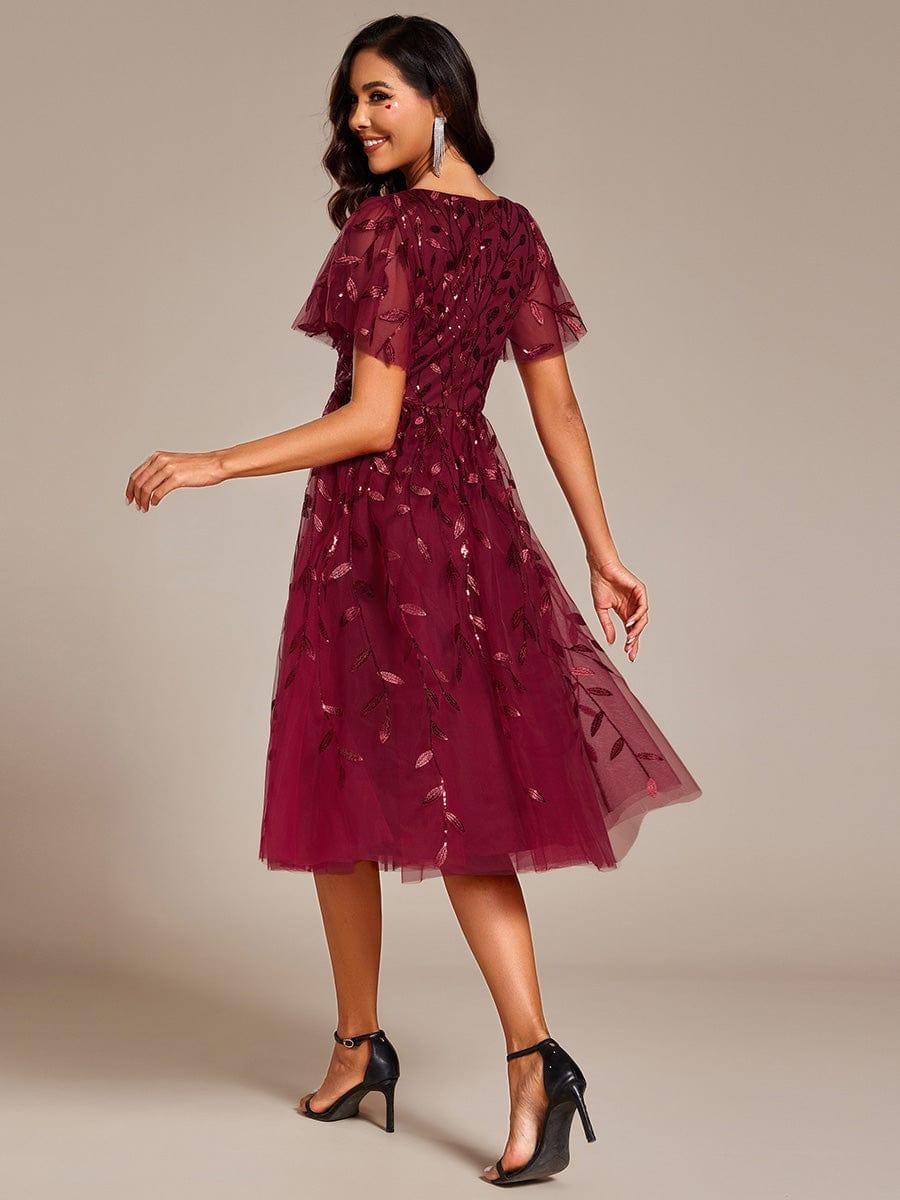 Leaf Sequin Short Sleeve Tulle Midi Evening Dress #color_Burgundy