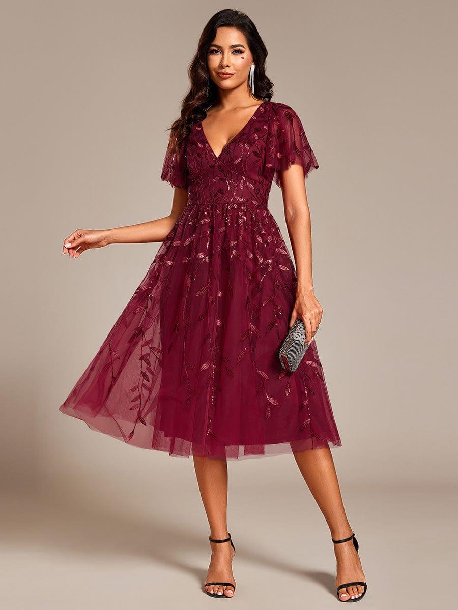 Leaf Sequin Short Sleeve Tulle Midi Evening Dress #color_Burgundy