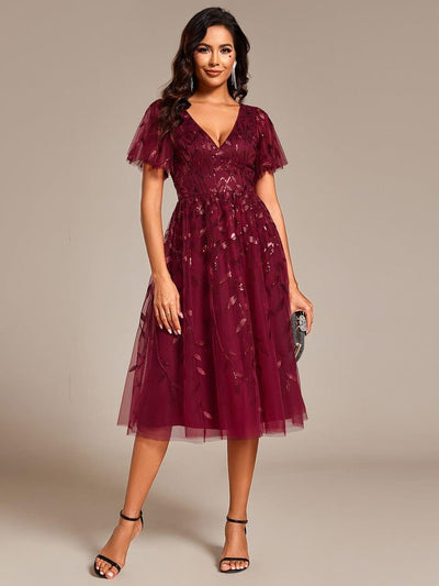 Leaf Sequin Short Sleeve Tulle Midi Evening Dress #color_Burgundy
