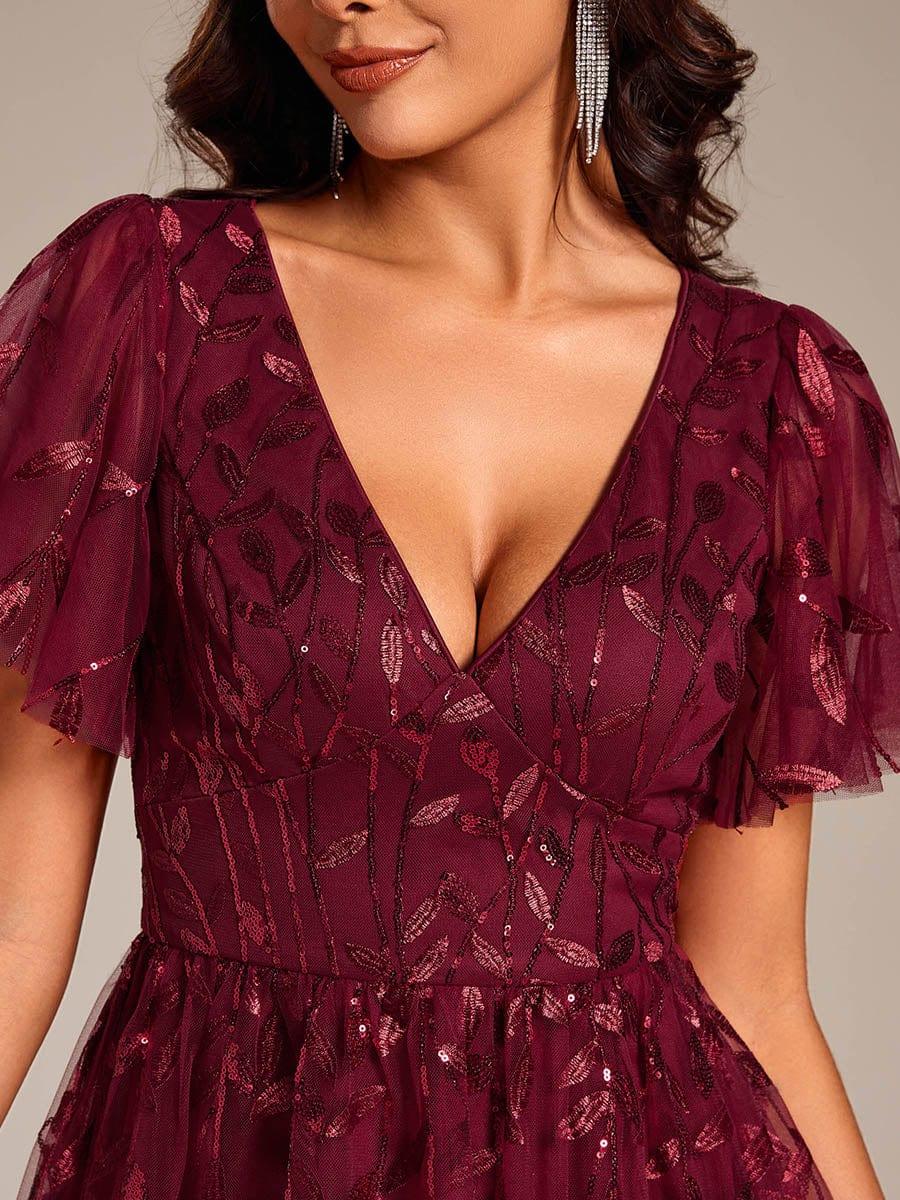 Leaf Sequin Short Sleeve Tulle Midi Evening Dress #color_Burgundy