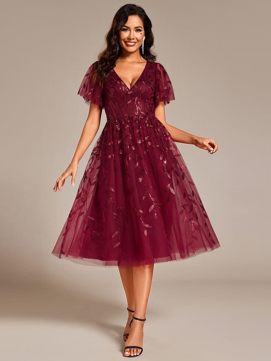 Leaf Sequin Short Sleeve Tulle Midi Evening Dress #color_Burgundy