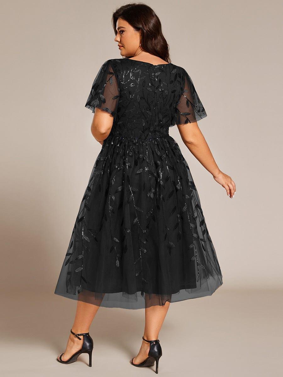 Leaf Sequin Short Sleeve Tulle Midi Evening Dress #color_Black