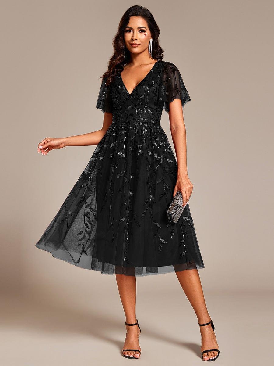 Leaf Sequin Short Sleeve Tulle Midi Evening Dress #color_Black