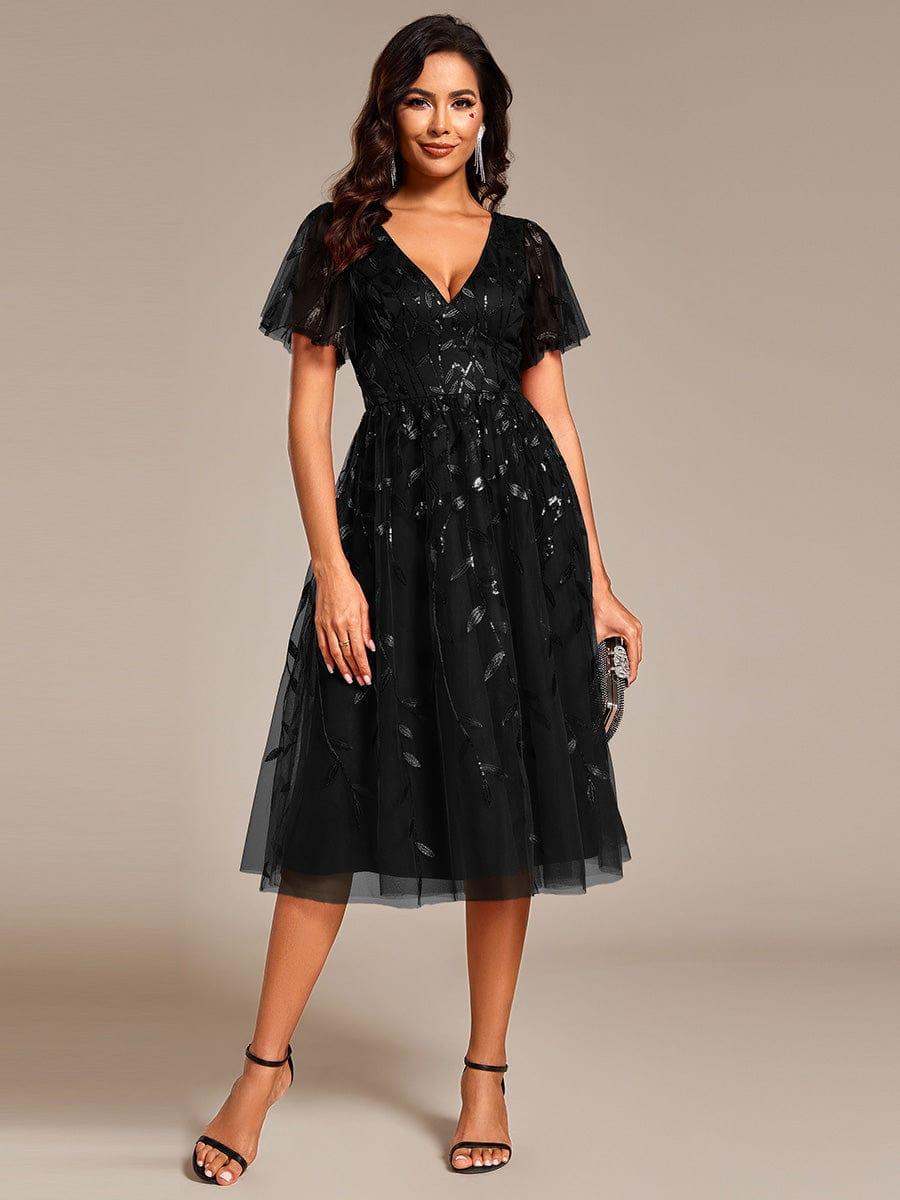 Leaf Sequin Short Sleeve Tulle Midi Evening Dress #color_Black