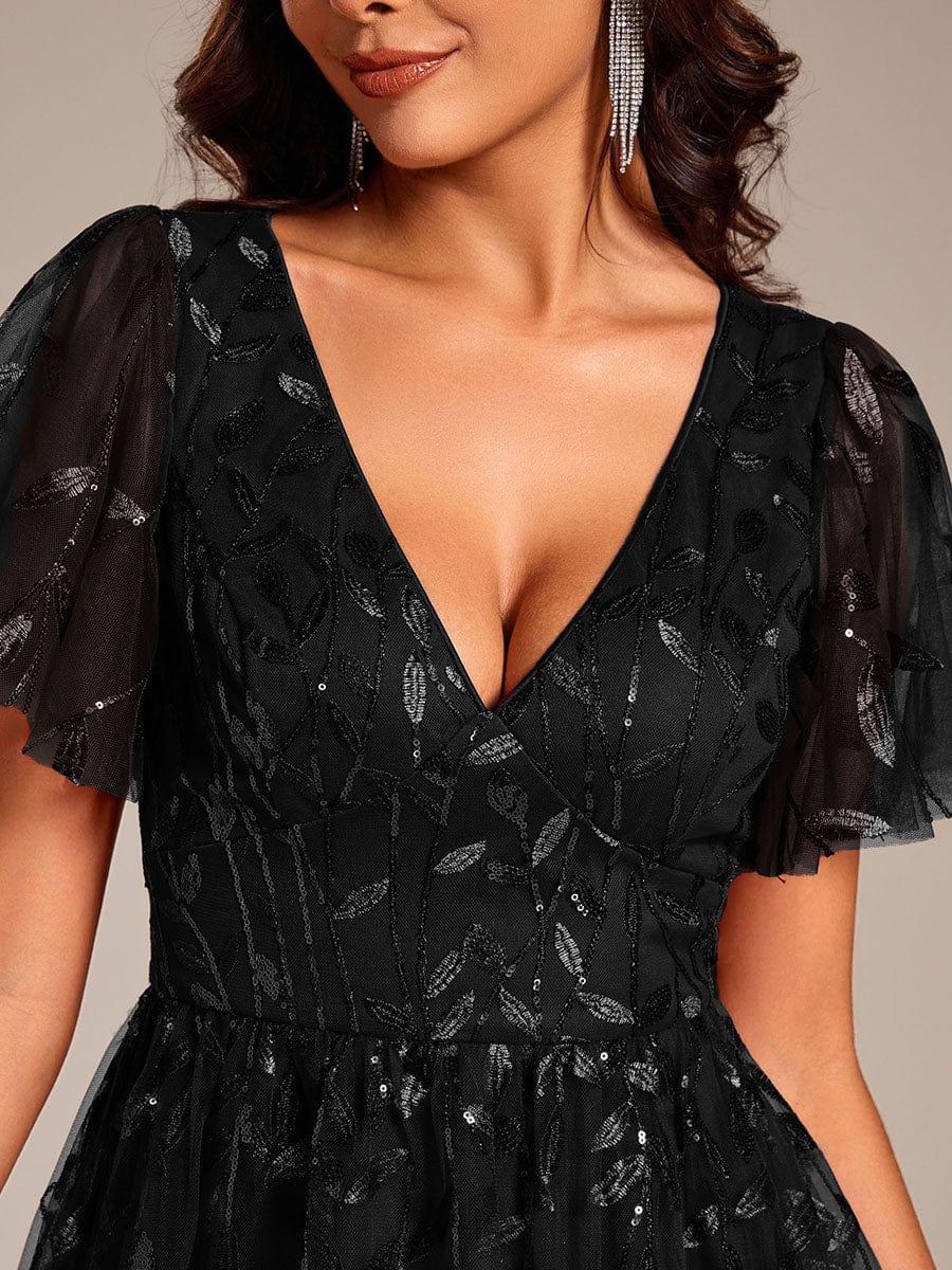 Leaf Sequin Short Sleeve Tulle Midi Evening Dress #color_Black