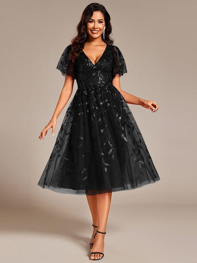 Leaf Sequin Short Sleeve Tulle Midi Evening Dress #color_Black