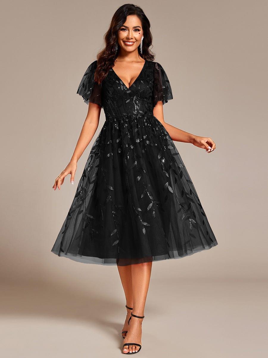 Leaf Sequin Short Sleeve Tulle Midi Evening Dress #color_Black