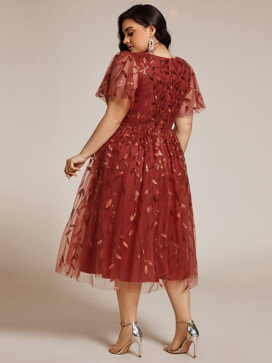 Leaf Sequin Short Sleeve Tulle Midi Evening Dress #color_Burnt Orange