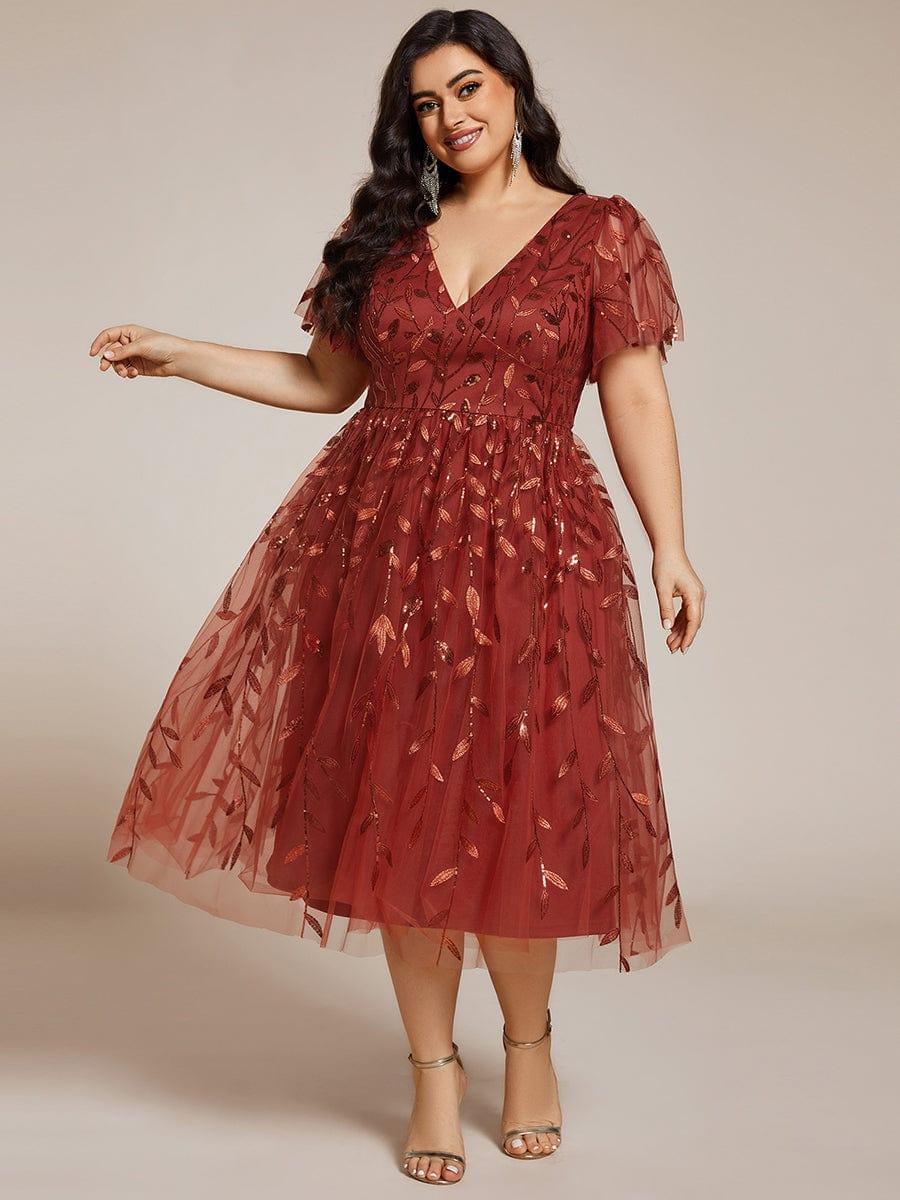Leaf Sequin Short Sleeve Tulle Midi Evening Dress #color_Burnt Orange