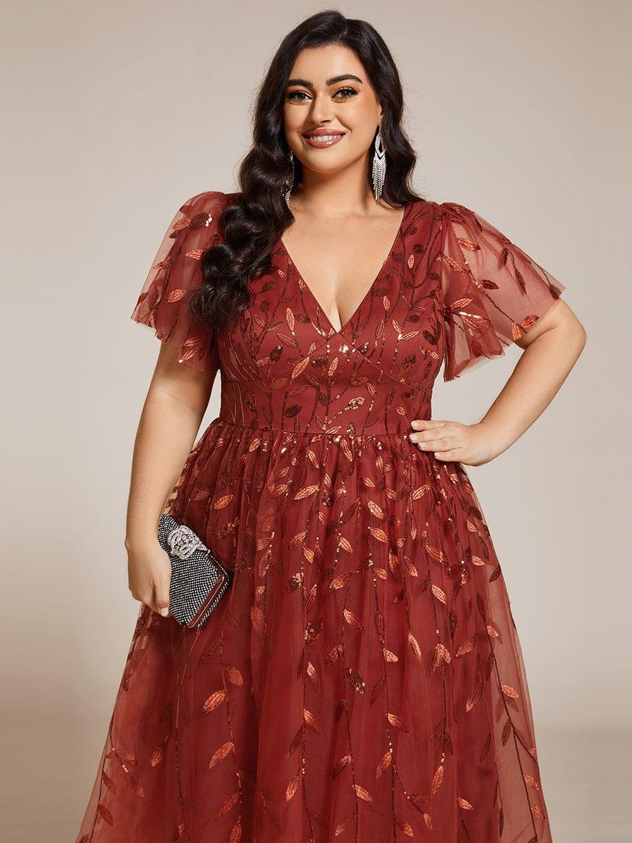 Leaf Sequin Short Sleeve Tulle Midi Wedding Guest Dress #color_Burnt Orange