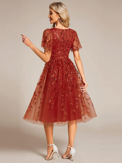 Leaf Sequin Short Sleeve Tulle Midi Evening Dress #color_Burnt Orange
