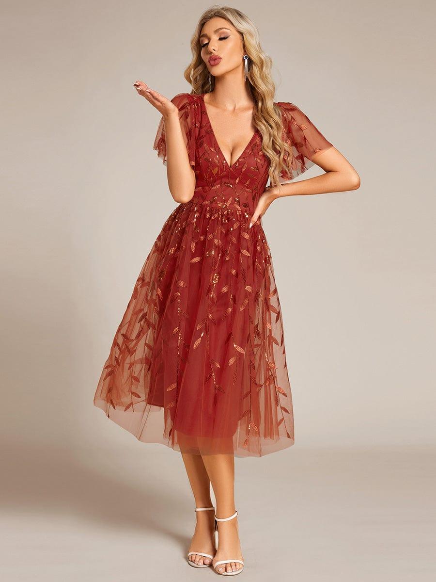 Leaf Sequin Short Sleeve Tulle Midi Evening Dress #color_Burnt Orange