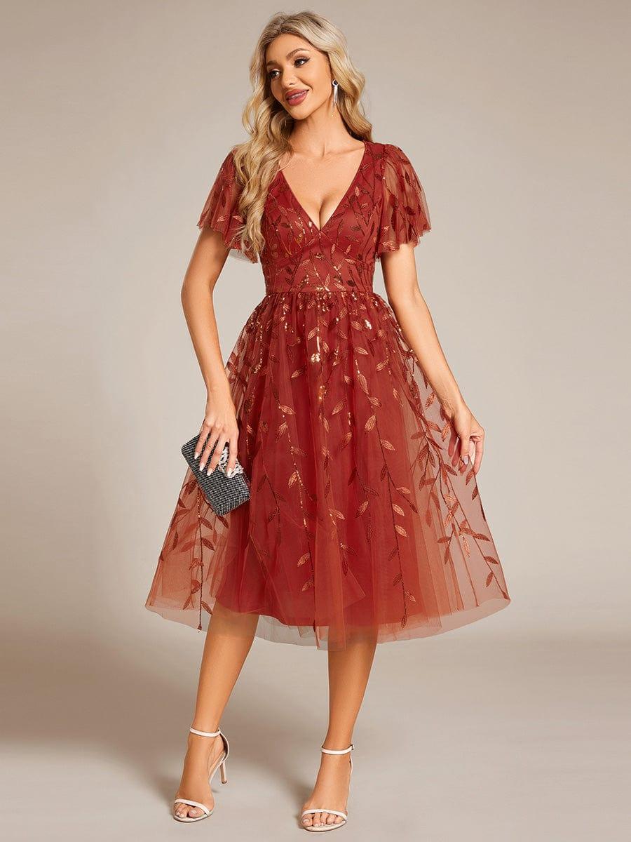 Leaf Sequin Short Sleeve Tulle Midi Evening Dress #color_Burnt Orange