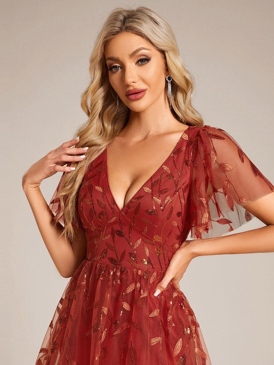 Leaf Sequin Short Sleeve Tulle Midi Evening Dress #color_Burnt Orange