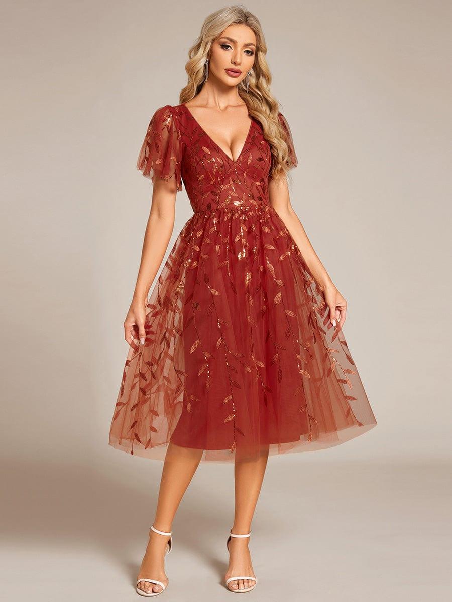 Leaf Sequin Short Sleeve Tulle Midi Evening Dress #color_Burnt Orange