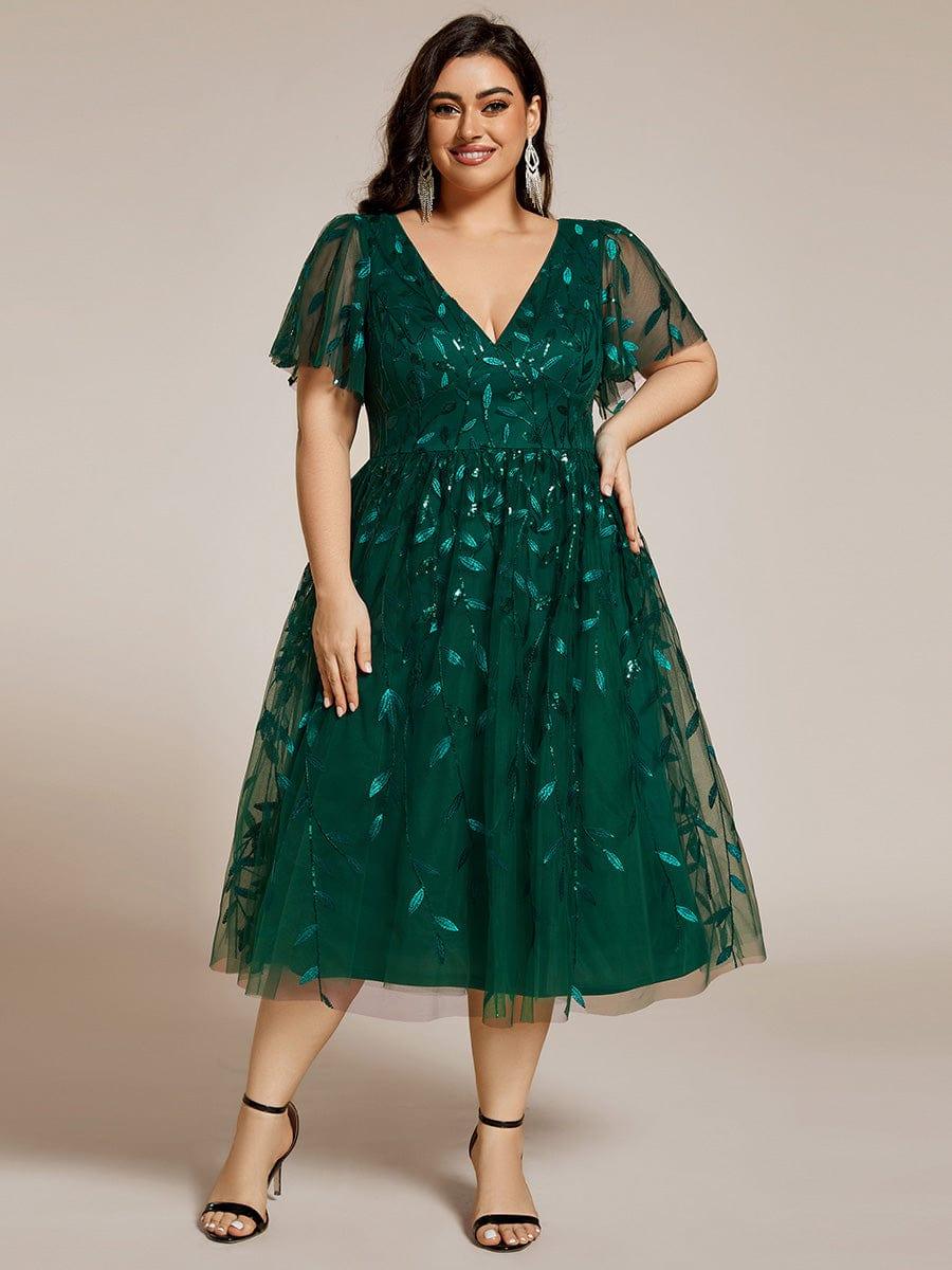 Leaf Sequin Short Sleeve Tulle Midi Evening Dress #color_Dark Green