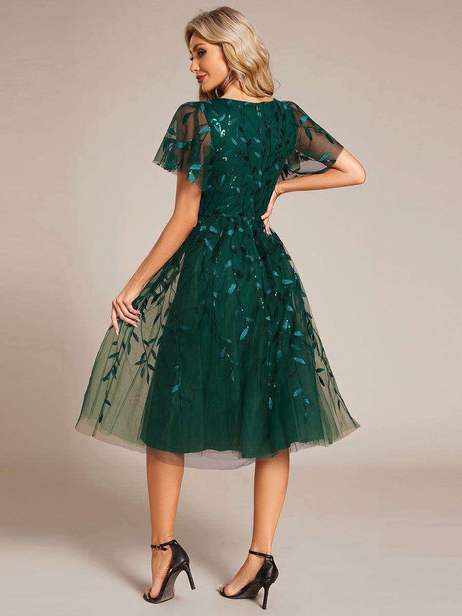 Leaf Sequin Short Sleeve Tulle Midi Evening Dress #color_Dark Green
