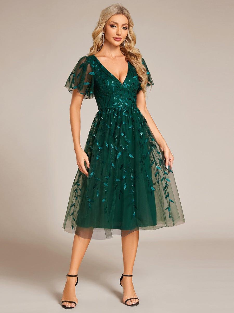 Leaf Sequin Short Sleeve Tulle Midi Evening Dress #color_Dark Green