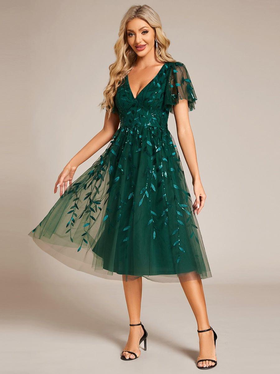 Leaf Sequin Short Sleeve Tulle Midi Evening Dress #color_Dark Green