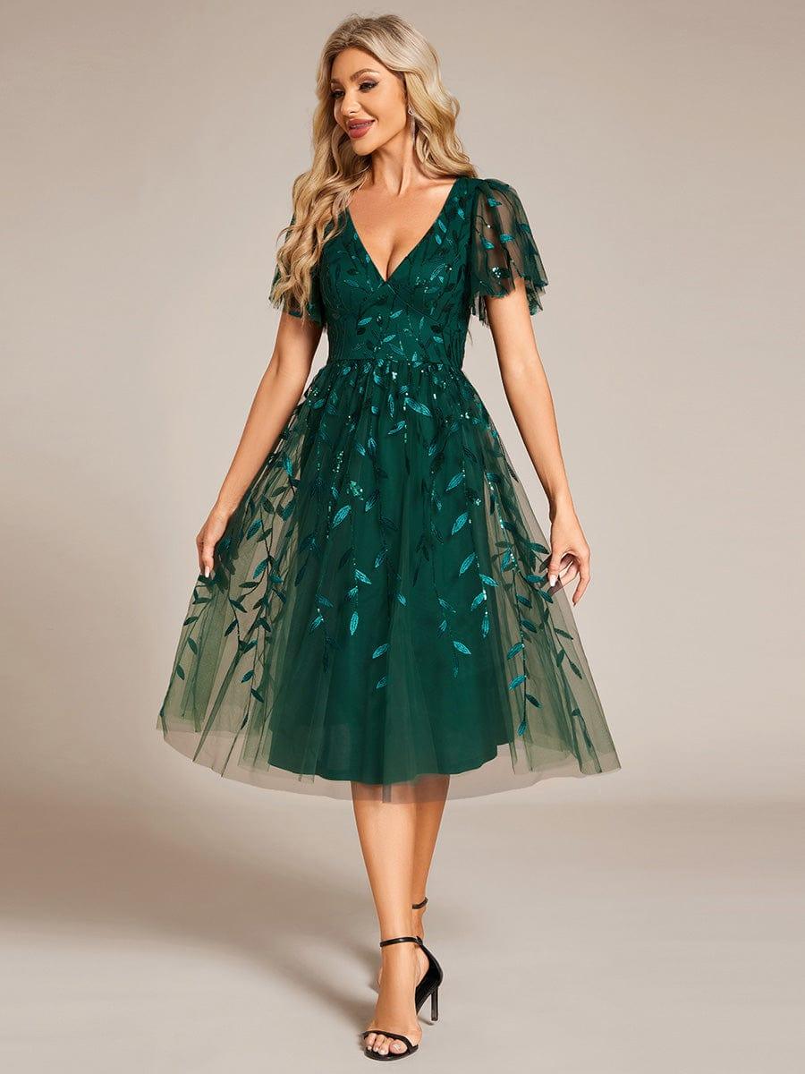 Leaf Sequin Short Sleeve Tulle Midi Evening Dress #color_Dark Green