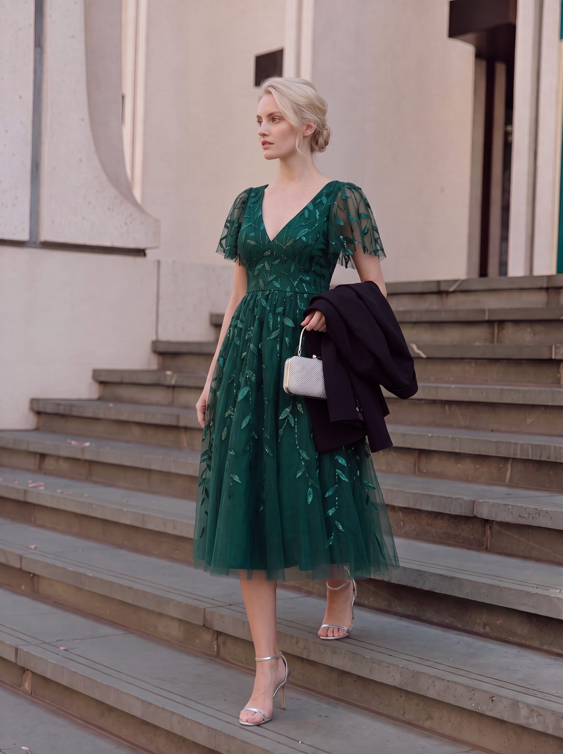 Leaf Sequin Short Sleeve Tulle Midi Wedding Guest Dress #color_Dark Green