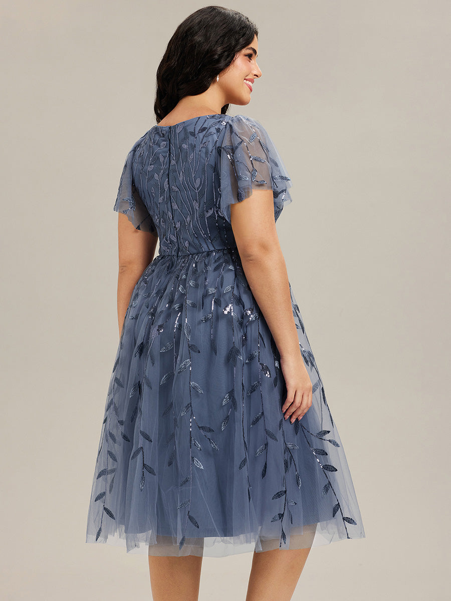 Leaf Sequin Short Sleeve Tulle Midi Evening Dress #color_Dusty Blue