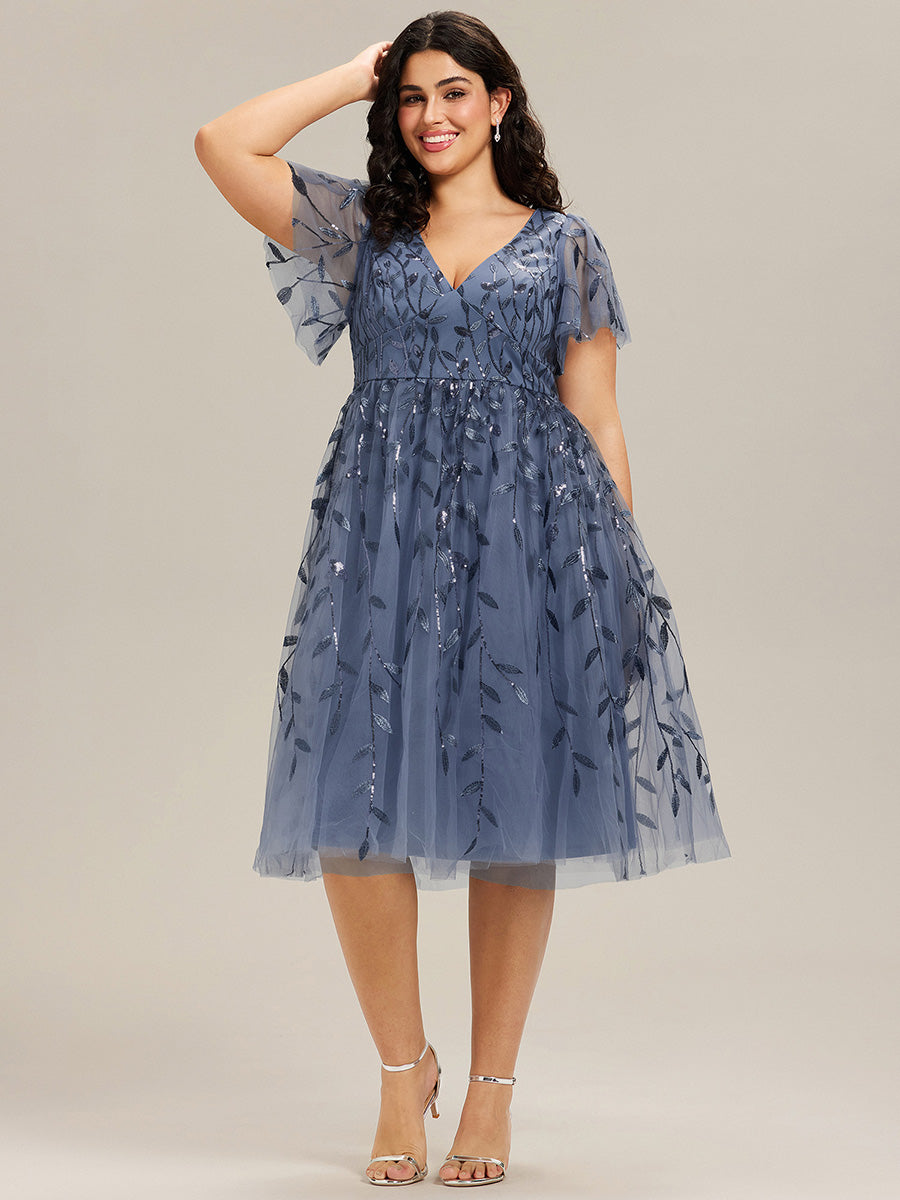 Leaf Sequin Short Sleeve Tulle Midi Evening Dress #color_Dusty Blue
