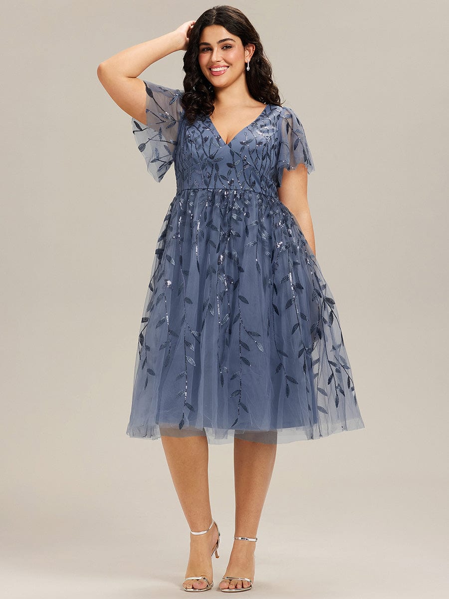 Plus SizeLeaf Sequin Short Sleeve Tulle Midi Wedding Guest Dress #color_Dusty Blue