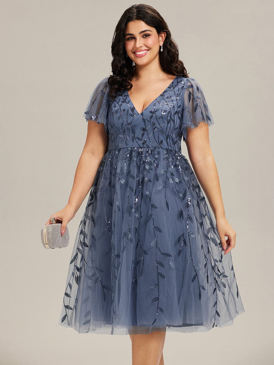 Leaf Sequin Short Sleeve Tulle Midi Wedding Guest Dress #color_Dusty Blue
