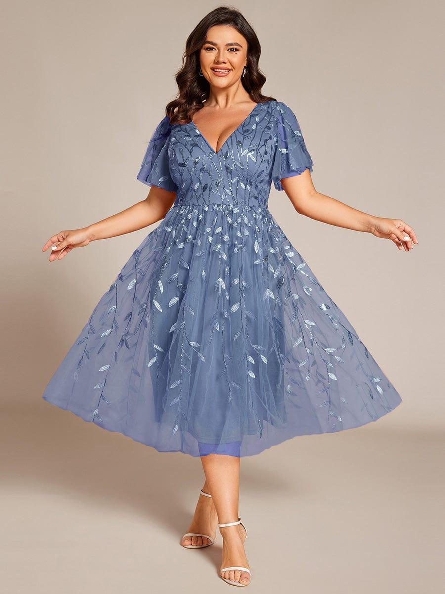 Leaf Sequin Short Sleeve Tulle Midi Evening Dress #color_Dusty Blue