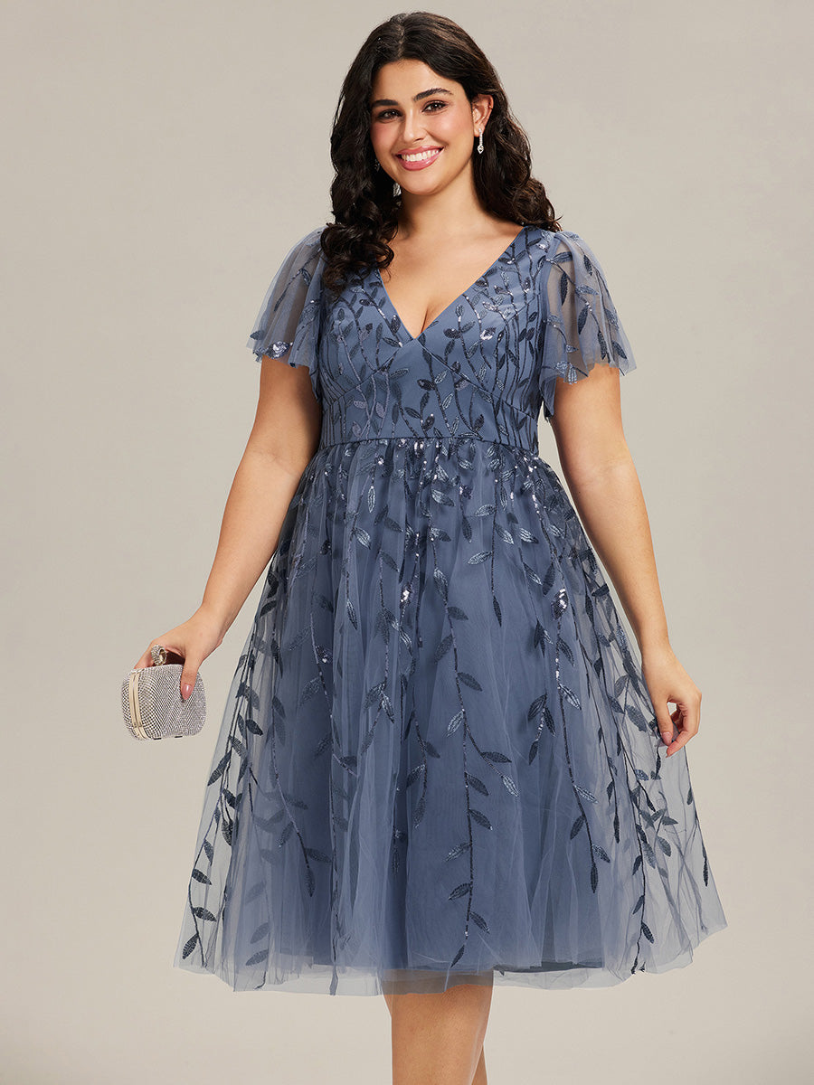 Leaf Sequin Short Sleeve Tulle Midi Evening Dress #color_Dusty Blue
