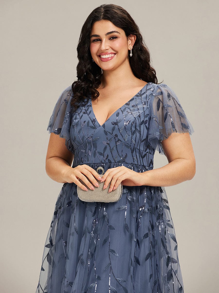 Plus SizeLeaf Sequin Short Sleeve Tulle Midi Wedding Guest Dress #color_Dusty Blue