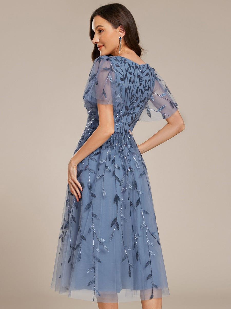 Leaf Sequin Short Sleeve Tulle Midi Evening Dress #color_Dusty Blue