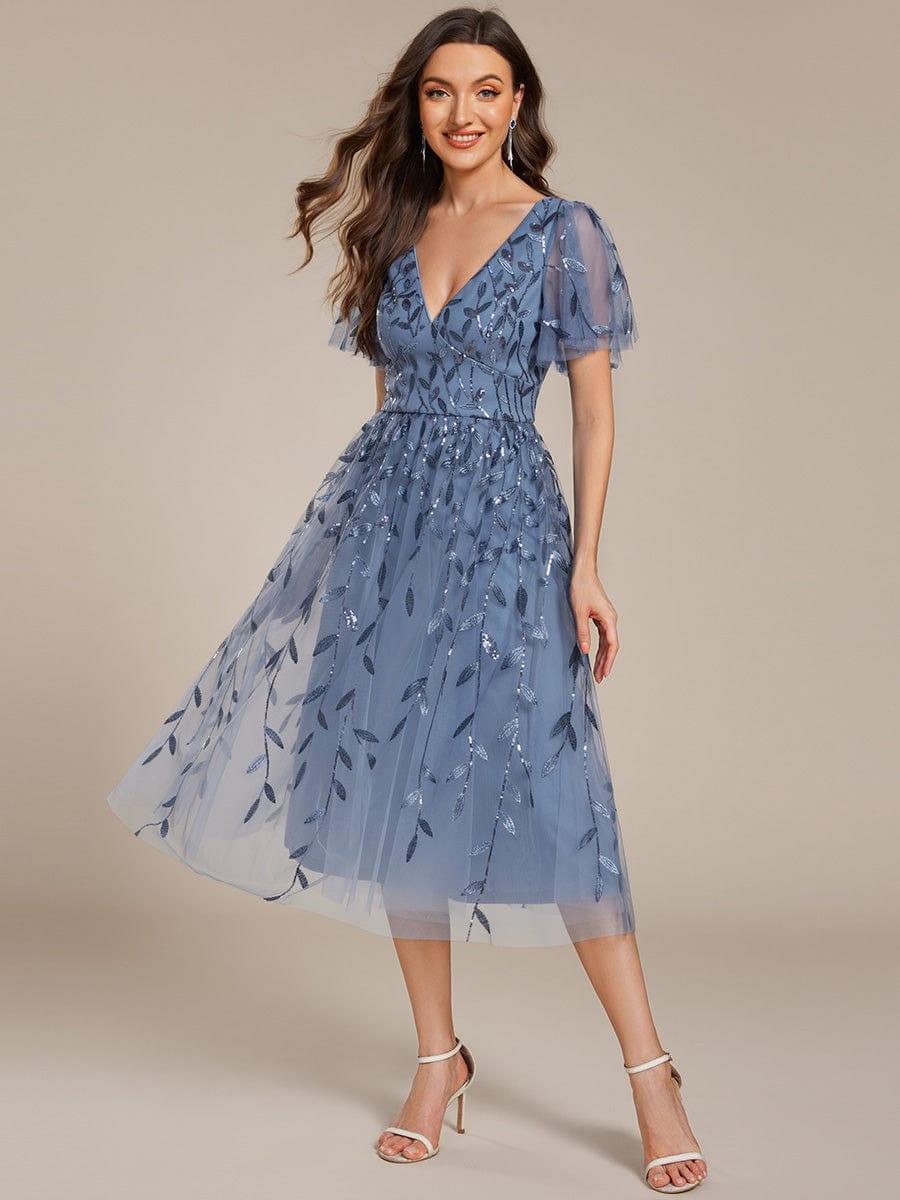 Leaf Sequin Short Sleeve Tulle Midi Evening Dress #color_Dusty Blue