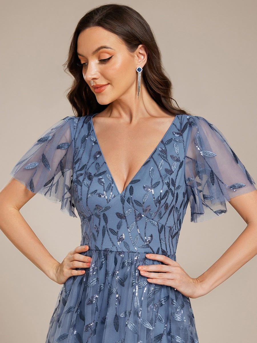 Leaf Sequin Short Sleeve Tulle Midi Evening Dress #color_Dusty Blue