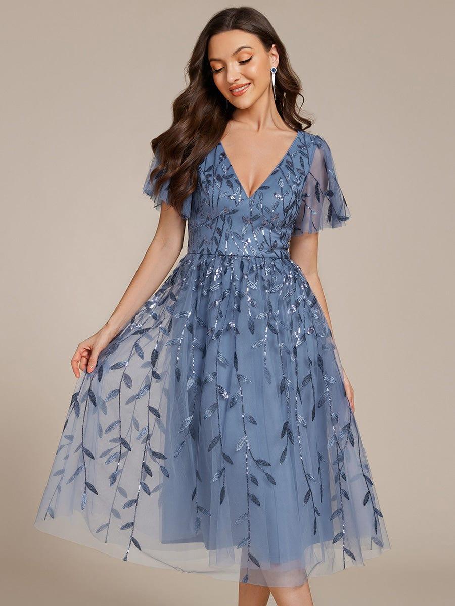 Leaf Sequin Short Sleeve Tulle Midi Evening Dress #color_Dusty Blue
