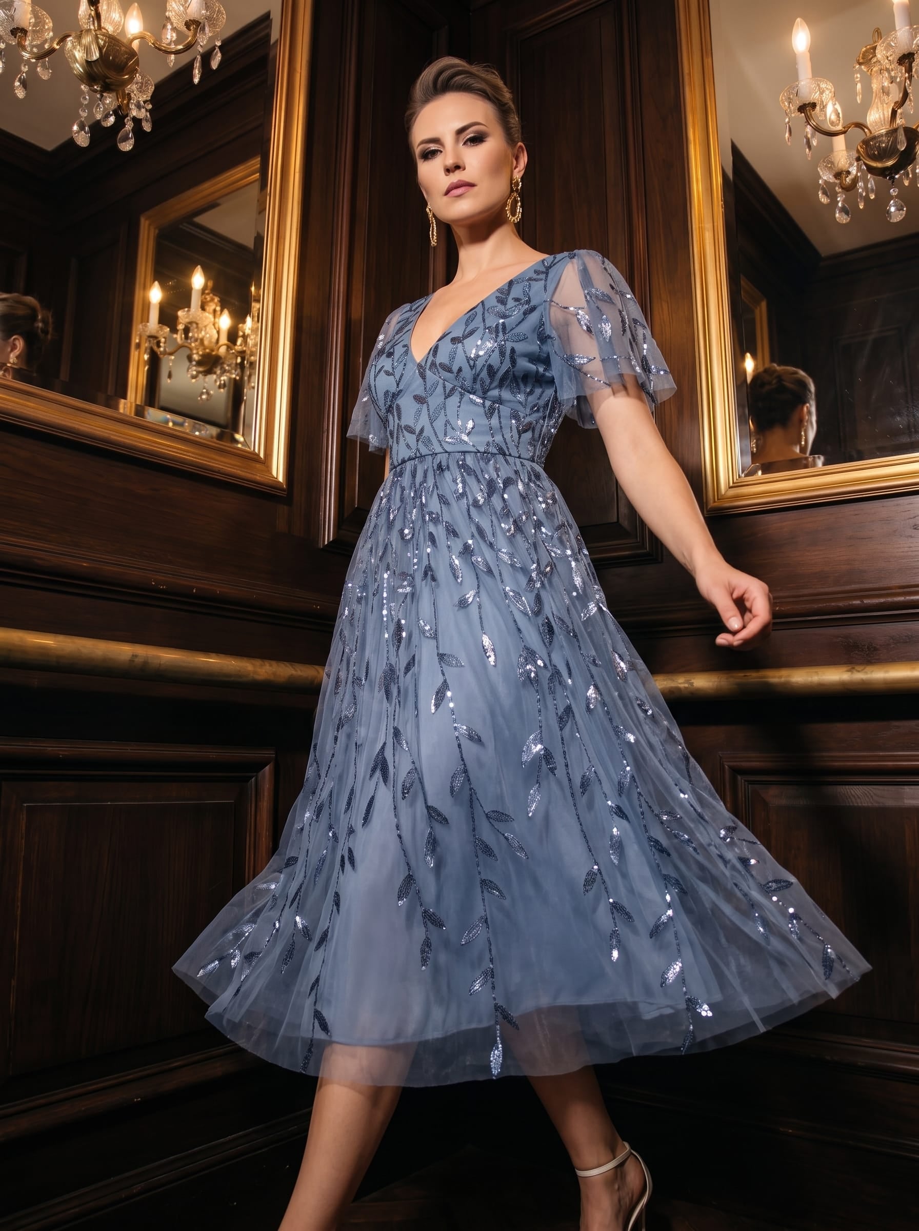 Leaf Sequin Short Sleeve Tulle Midi Wedding Guest Dress #color_Dusty Blue
