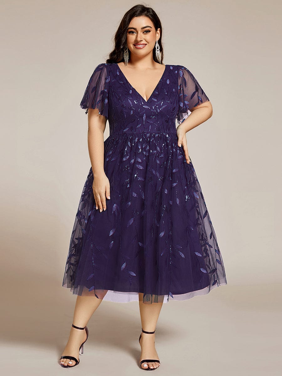 Plus SizeLeaf Sequin Short Sleeve Tulle Midi Wedding Guest Dress #color_Dark Purple