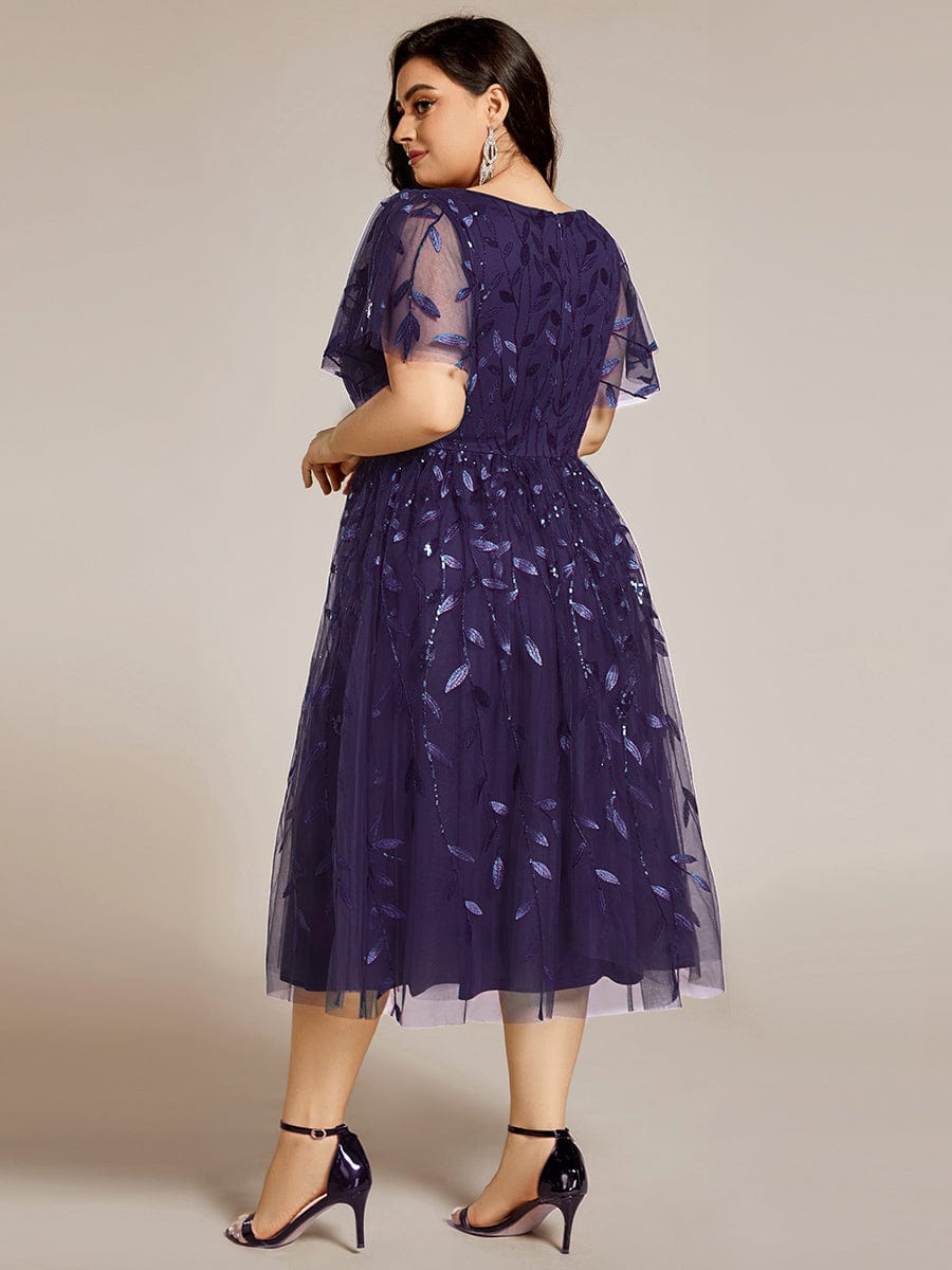 Plus SizeLeaf Sequin Short Sleeve Tulle Midi Wedding Guest Dress #color_Dark Purple