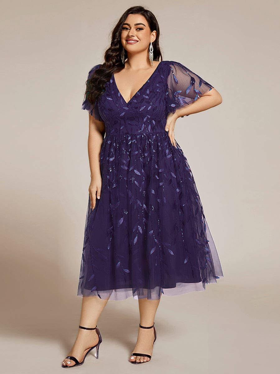 Plus SizeLeaf Sequin Short Sleeve Tulle Midi Wedding Guest Dress #color_Dark Purple