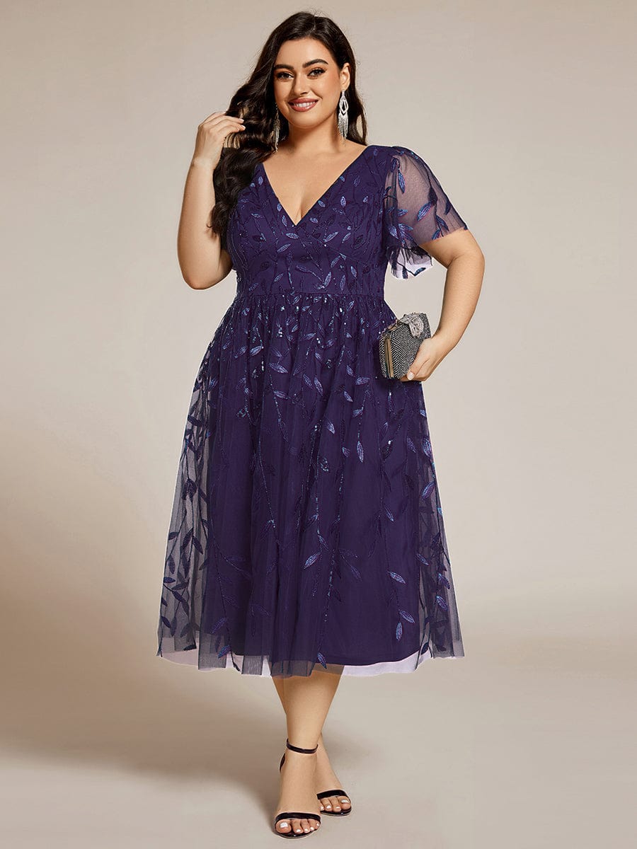 Plus SizeLeaf Sequin Short Sleeve Tulle Midi Wedding Guest Dress #color_Dark Purple