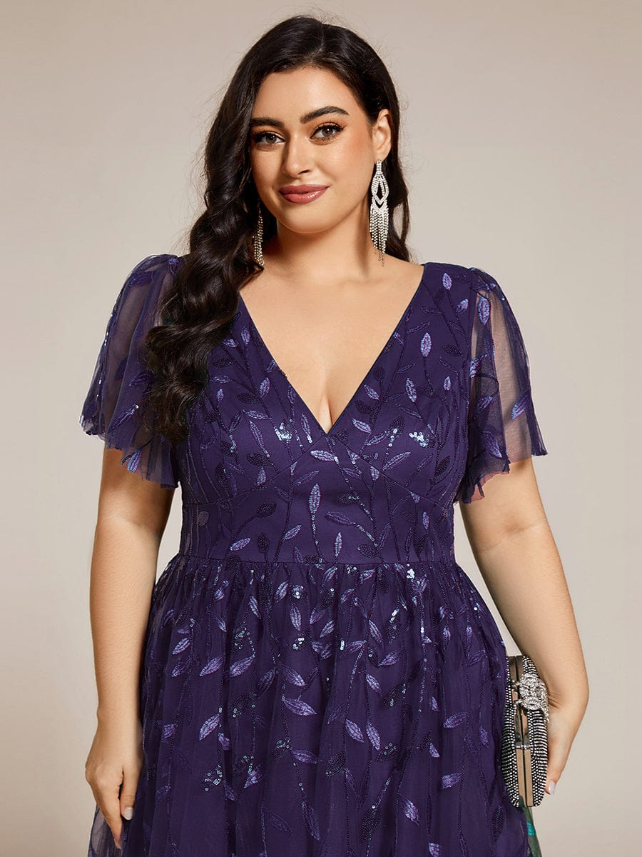Plus SizeLeaf Sequin Short Sleeve Tulle Midi Wedding Guest Dress #color_Dark Purple
