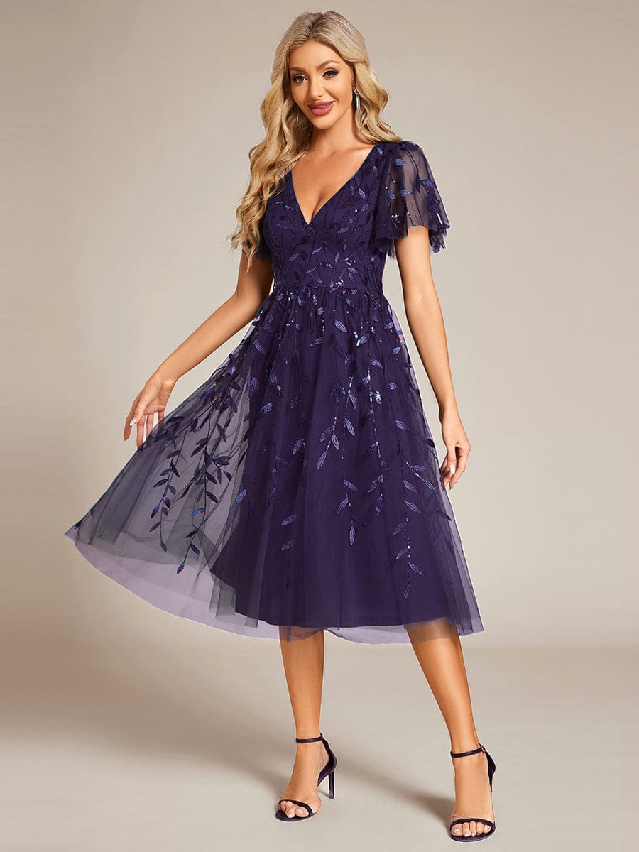 Plus SizeLeaf Sequin Short Sleeve Tulle Midi Wedding Guest Dress #color_Dark Purple